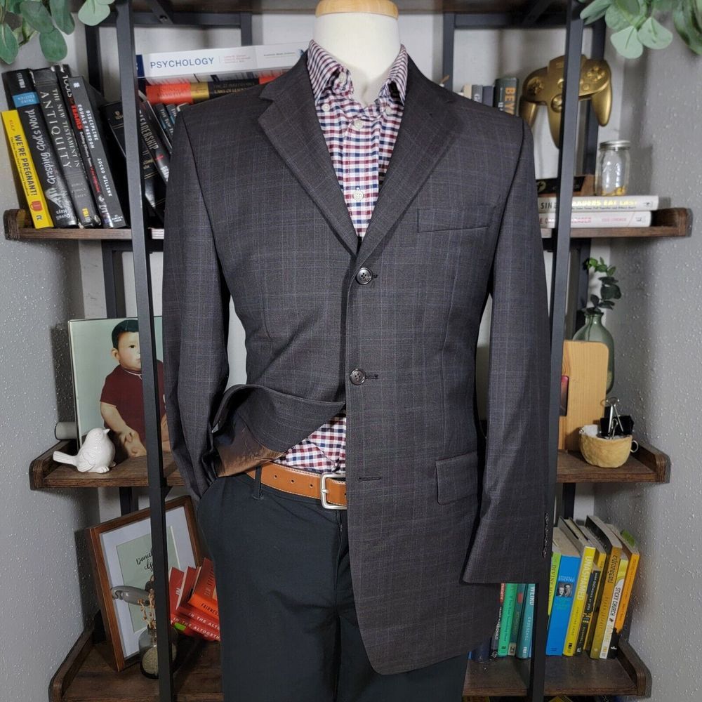 Calvin Klein Men's Sport Coat Blazer Three Button Brown Plaid Wool Size 37R